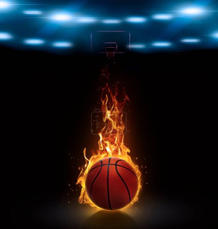 Foto de Baloncesto en llamas en una cancha de baloncesto. 3d renderizar - Imagen libre de derechos