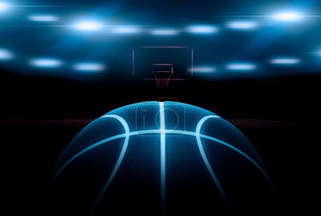 3D renderowanie pojedynczej czarnej koszykówki z jasnoniebieskimi świecącymi neonami w podświetlanych reflektorach. 3d renderowanie