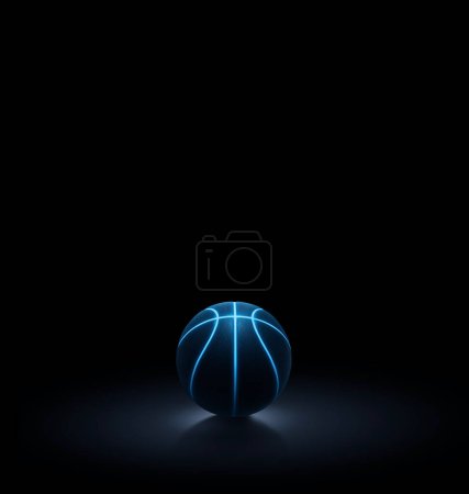3D-Darstellung eines einzelnen schwarzen Basketballs mit leuchtend blau leuchtenden Neon-Linien in komplett schwarzer Umgebung 