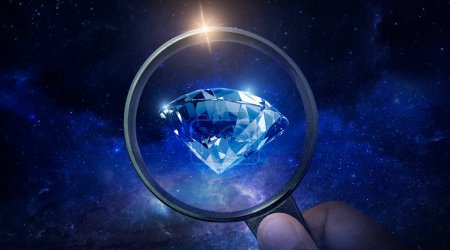 Prüfen Sie funkelnde Diamanten, die im Planetenblick aus dem All schweben. Diamantenhandel Geschäftskonzept. 3D-Darstellung