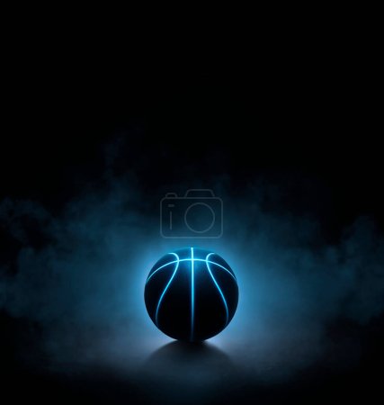 schwarzer Basketball mit leuchtend blauen Leuchtlinien auf schwarzem Hintergrund mit Rauch. 3D-Darstellung