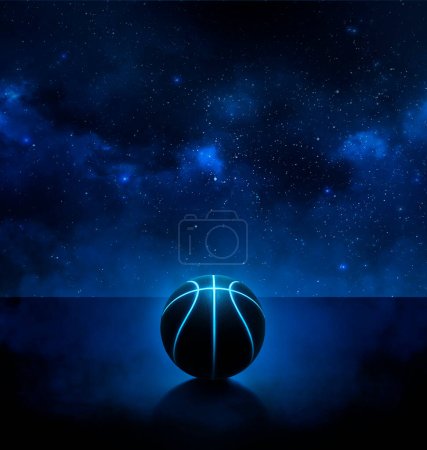 Foto de Black basketball with bright blue glowing neon lines on stars background with smoke. 3d render - Imagen libre de derechos