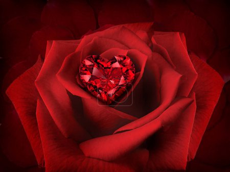 Photo for Red Diamond heart on a Rose Flower on background of beautiful red rose petals - Royalty Free Image