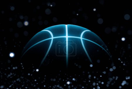 Téléchargez les photos : Rendu 3D de basket-ball noir simple avec des lignes néon bleu brillant avec des lumières abstraites - en image libre de droit