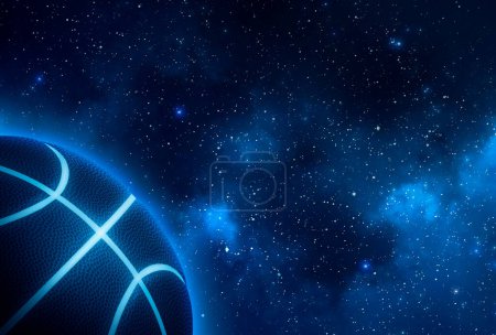 Photo for Black basketball with bright blue glowing neon lines on stars background. 3d render - Royalty Free Image