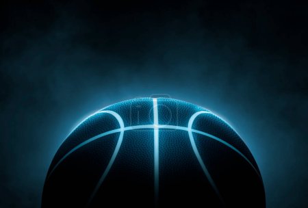 3D renderowanie pojedynczej czarnej koszykówki z jasnoniebieskimi świecącymi neonami, tło dymu
