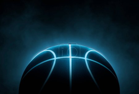 3D rendering of single black basketball with bright blue glowing neon lines, smoke background