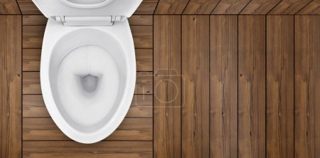 Foto de Vista superior. de inodoro en baño con suelo de madera - Imagen libre de derechos