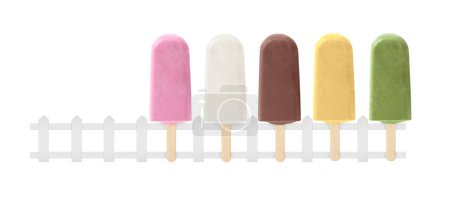 Photo for Ice cream and white wooden fence on white background. Summer and sweet menu concept - Royalty Free Image