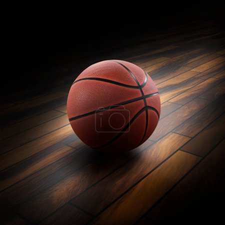 Un basketball avec un fond sombre sur un plancher de gymnase en bois dur
