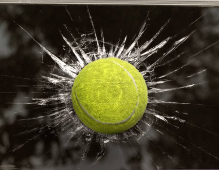 Téléchargez les photos : Balle de tennis par fenêtre cassée - en image libre de droit