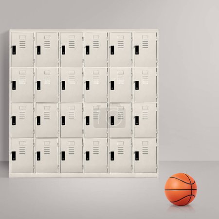 Basketball im Fußboden des Zimmers mit Spind im Hintergrund