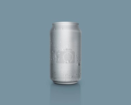 Can of fresh soda with water drops on color backgroun