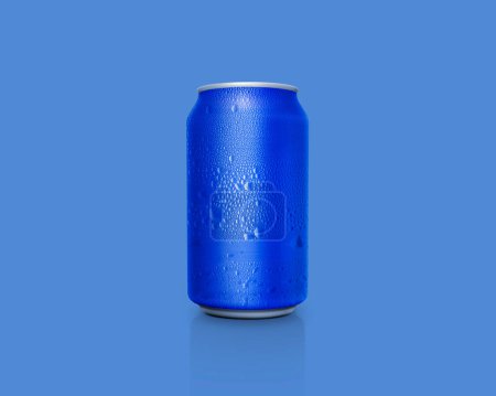 Can of fresh soda with water drops on color backgroun