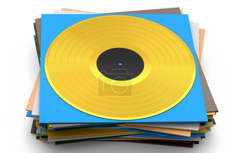 Black vinyl LP record with heap of covers isolated on white background. 3d render of musical long play album disc 33 rpm