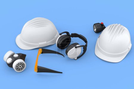 Photo for Set of construction wear and tools for repair and installation like helmet. earphones and respirator on blue background. 3d rendering and illustration of service banner for house plumber or repairman - Royalty Free Image