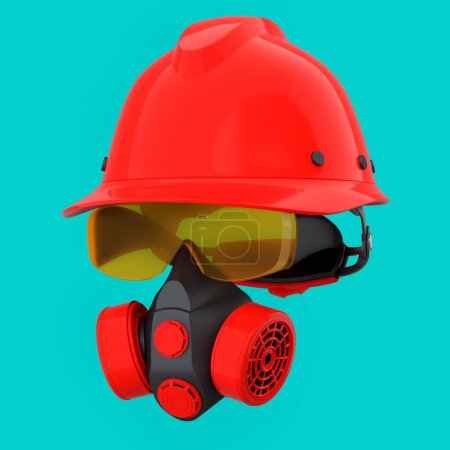 Photo for Set of construction wear and tools for repair and installation like helmet. protective glasses and respirator on green background. 3d rendering and illustration of service banner for house plumber - Royalty Free Image