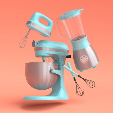 Mixer and hand mixer with kitchen utensil and whisks for preparation of dough and cocktails on coral background. 3d render cooking process step by step and accessories for cooking, blending and mixing