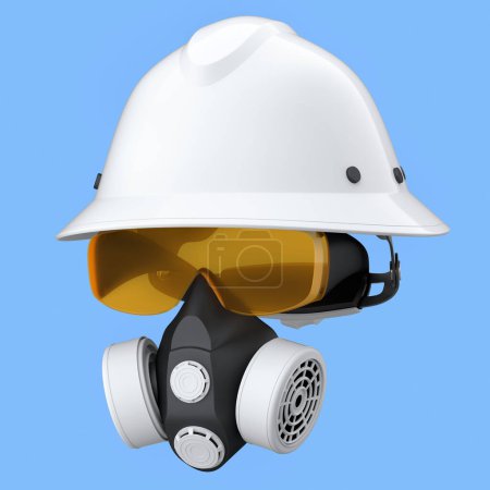 Photo for Set of construction wear and tools for repair and installation like helmet. protective glasses and respirator on blue background. 3d rendering and illustration of service banner for house plumber - Royalty Free Image