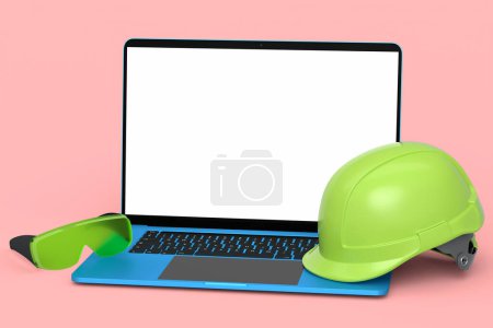 Photo for Set of safety helmets or hard caps, goggles and laptop for carpentry work on pink background. 3d render and illustration of tool for carpentry work or labor headwear - Royalty Free Image