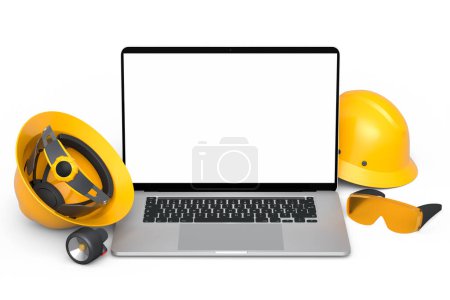 Photo for Set of safety helmets or hard caps, goggles and laptop for carpentry work on white background. 3d render and illustration of tool for carpentry work or labor headwear - Royalty Free Image