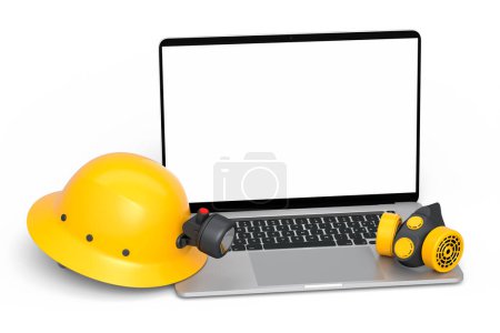 Photo for Set of safety helmets or hard caps, respirator and laptop for carpentry work on white background. 3d render and illustration of tool for carpentry work or labor headwear - Royalty Free Image