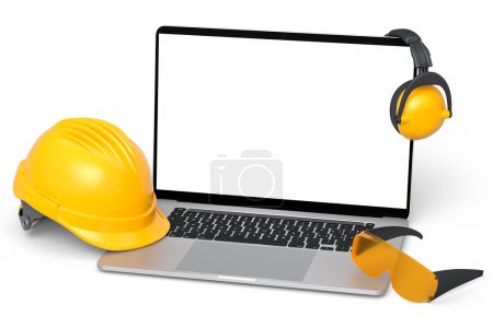 Photo for Set of safety helmets or hard caps, headphones and laptop for carpentry work on white background. 3d render and illustration of tool for carpentry work or labor headwear - Royalty Free Image