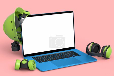 Photo for Set of safety helmets or hard caps, headphones and laptop for carpentry work on pink background. 3d render and illustration of tool for carpentry work or labor headwear - Royalty Free Image