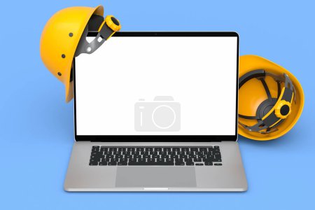 Photo for Set of safety helmets or hard caps and laptop for carpentry work on blue background. 3d render and illustration of tool for carpentry work or labor headwear - Royalty Free Image