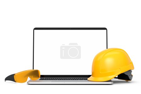 Photo for Set of safety helmets or hard caps, goggles and laptop for carpentry work on white background. 3d render and illustration of tool for carpentry work or labor headwear - Royalty Free Image