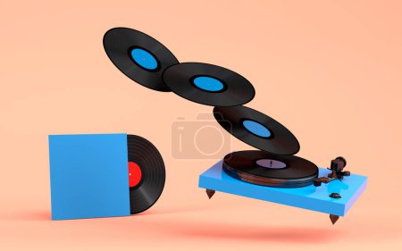 Photo for Set of Hi-fi speakers with loudspeakers and DJ turntable on coral background. 3d render audio equipment like boombox and vinyl record player for sound recording studio - Royalty Free Image