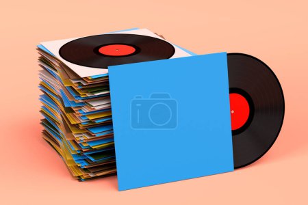 Photo for Set of Hi-fi speakers with loudspeakers and DJ turntable with vinyl LP record on heap on coral background. 3d render audio equipment like boombox and vinyl record player for sound recording studio - Royalty Free Image
