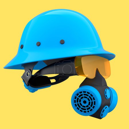 Photo for Set of construction wear and tools for repair and installation like helmet. protective glasses and respirator on yellow background. 3d rendering and illustration of service banner for house plumber - Royalty Free Image