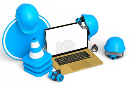 Photo for Set of safety helmets or hard hats and traffic cones, road sign for under construction road work on white background. 3d render cancept of website under maintenance with carpentry tools and laptop - Royalty Free Image