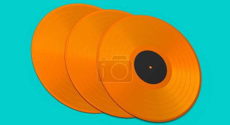 Téléchargez les photos : Ensemble de disques vinyle LP avec étiquette isolée sur fond vert. 3d rendu de disque musical long métrage 33 tr / min - en image libre de droit