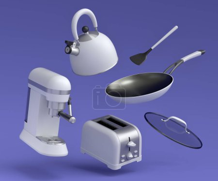 Espressomaschine, Handmixer, Wasserkocher und Toaster zur Zubereitung des Frühstücks auf violettem Hintergrund. 3D-Darstellung der Kaffeekanne zur Zubereitung von Latte-Kaffee