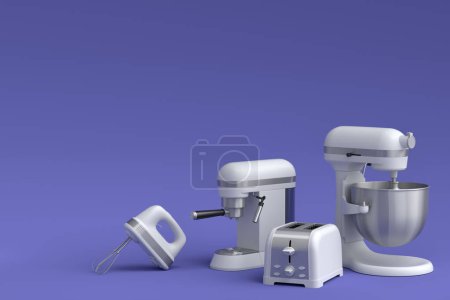 Photo for Espresso coffee machine, hand mixer, kettle and toaster for preparing breakfast on violet background. 3d render of coffee pot for making latte coffee - Royalty Free Image