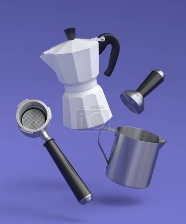 Foto de Espresso coffee machine with horn and geyser coffee maker for preparing breakfast on violet background. 3d render of coffee pot for making latte coffee - Imagen libre de derechos