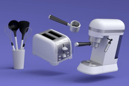 Photo for Espresso coffee machine with horn and toaster for preparing breakfast on violet background. 3d render of coffee pot for making latte coffee - Royalty Free Image