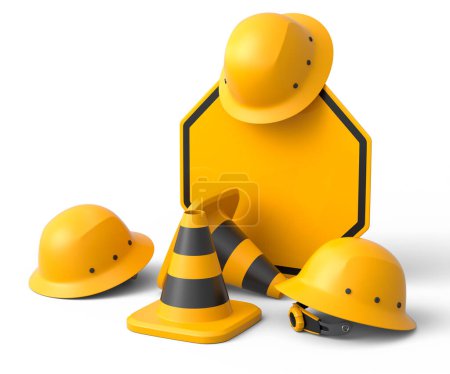 Set of safety helmets or hard hats and traffic cones, road sign for under construction road work on white background. 3d render carpentry tools for industrial worker and handyman