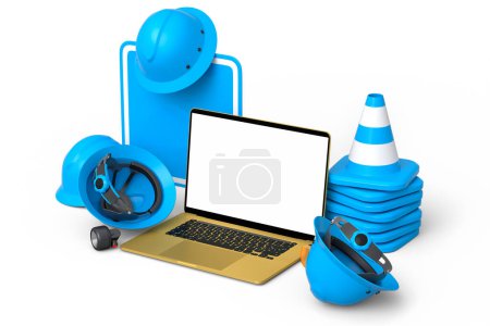 Photo for Set of safety helmets or hard hats and traffic cones, road sign for under construction road work on white background. 3d render cancept of website under maintenance with carpentry tools and laptop - Royalty Free Image