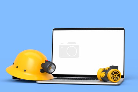 Photo for Set of safety helmets or hard caps, respirator and laptop for carpentry work on blue background. 3d render and illustration of tool for carpentry work or labor headwear - Royalty Free Image