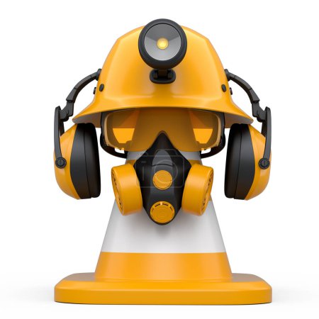 Set of construction wear and tools for repair and installation like engineer helmet. earphones, respirator and road cone on white background. 3d render service of house plumber or repairman