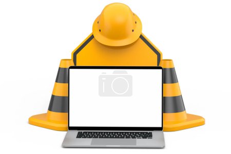 Photo for Set of safety helmet or hard hat, road traffic cones and sign for under construction road work near laptop on white background. 3d render cancept of website under maintenance with carpentry tools - Royalty Free Image