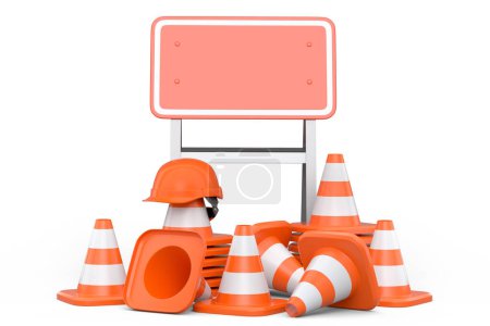 Stack of safety helmets or hard hats and traffic cones for under construction road work on green background. 3d render carpentry tools for industrial worker and handyman