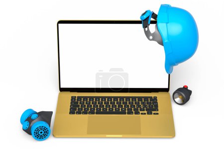 Photo for Set of safety helmets or hard caps, respirator and laptop for carpentry work on white background. 3d render and illustration of tool for carpentry work or labor headwear - Royalty Free Image