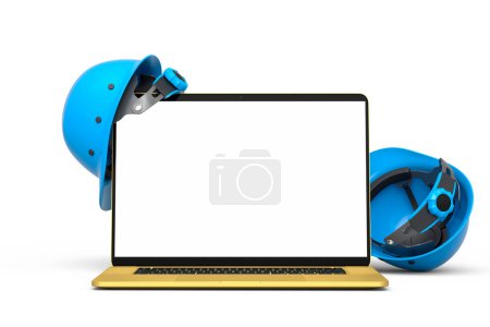 Photo for Set of safety helmets or hard caps and laptop for carpentry work on white background. 3d render and illustration of tool for carpentry work or labor headwear - Royalty Free Image