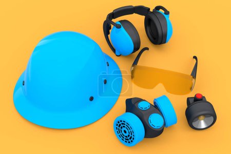 Photo for Set of construction wear and tools for repair and installation like helmet. earphones and respirator on yellow background. 3d rendering and illustration of service banner for house plumber - Royalty Free Image