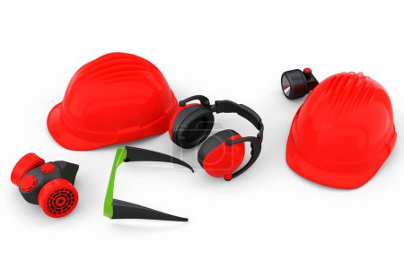 Photo for Set of construction wear and tools for repair and installation like helmet. earphones and respirator on white background. 3d rendering and illustration of service banner for house plumber or repairman - Royalty Free Image