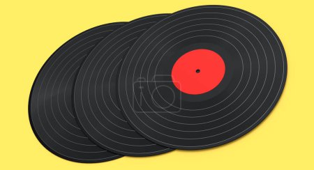 Photo for Set of vinyl LP records with label isolated on yellow background. 3d render of musical long play album disc 33 rpm - Royalty Free Image